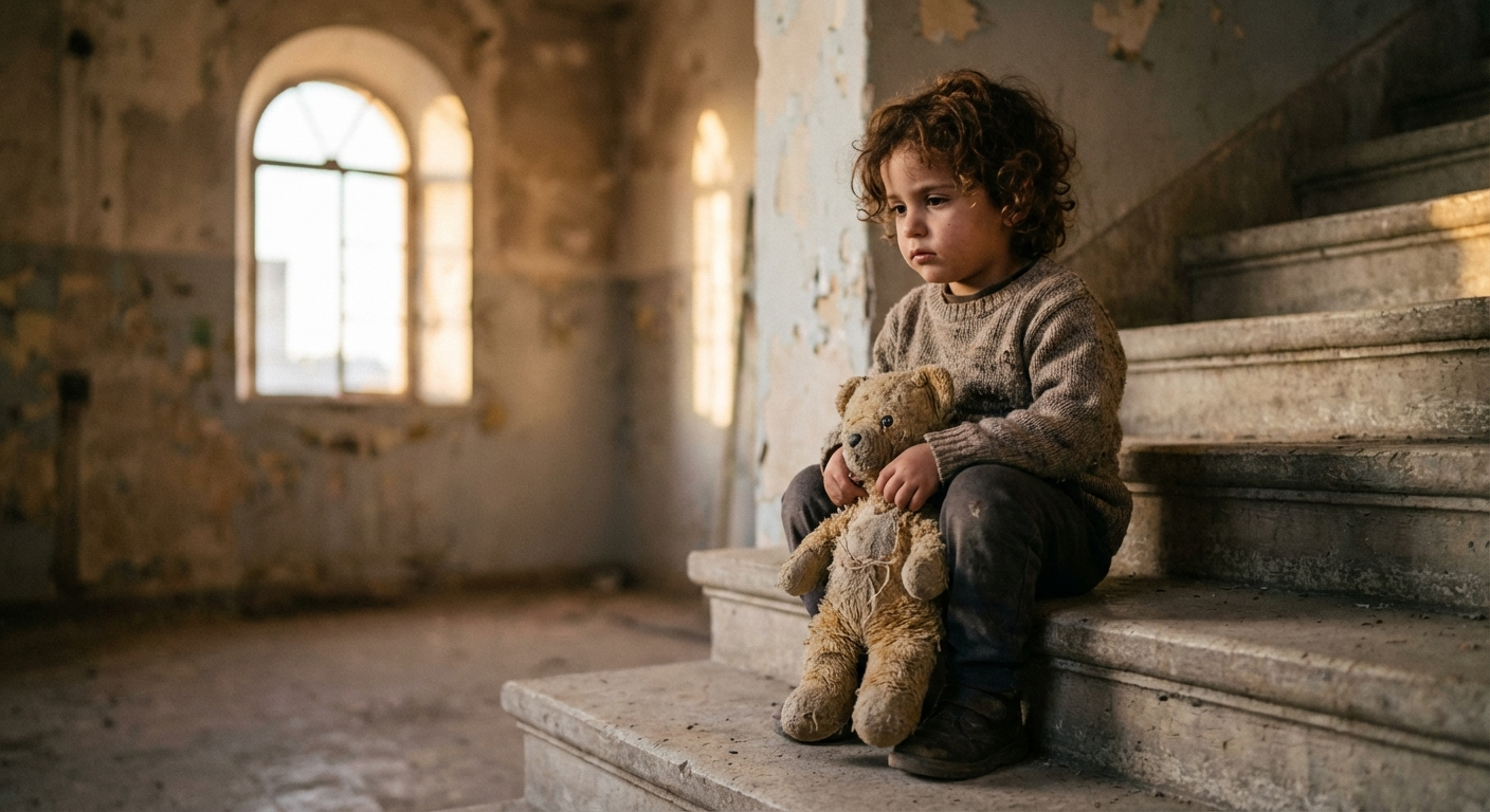 ילד ישראלי יושב על מדרגות ומחזיק דובי ישן, תאורה רכה, אווירה מלנכולית