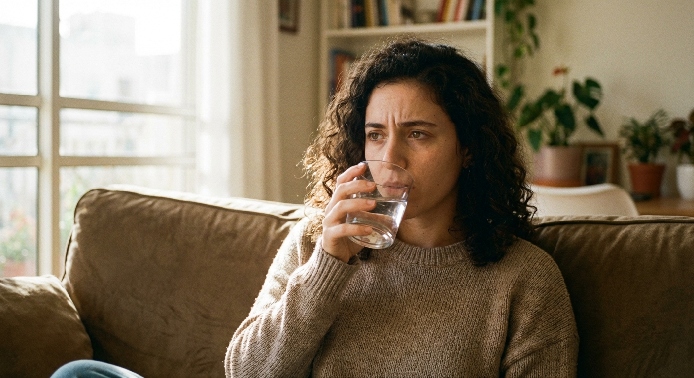 אישה ישראלית צעירה יושבת על ספה ומחזיקה כוס מים, הבעה מודאגת אך נרגעת