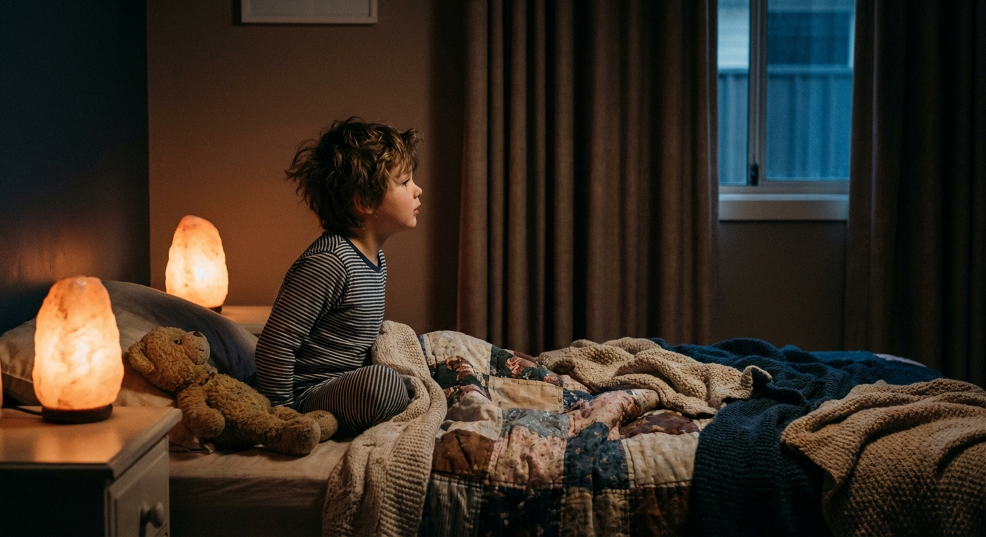 ילד יושב במיטה בחדר חשוך עם אור לילה רך, אווירה רגועה