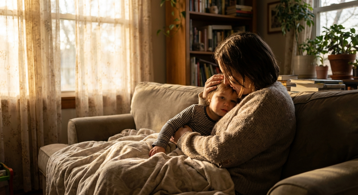 הורה מחבק ילד קטן בסלון ביתי, אווירה חמה ומרגיעה, תאורה טבעית