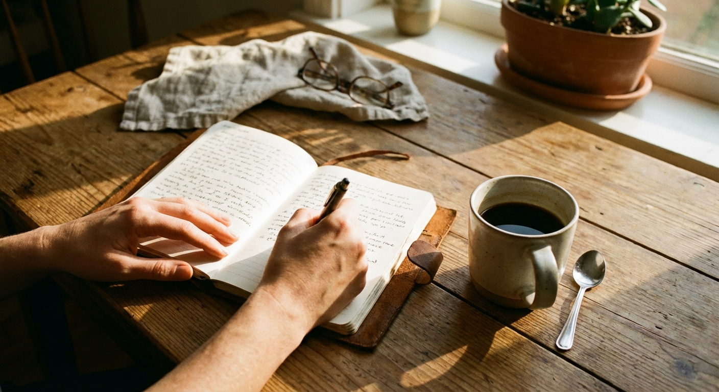 ידיים של אדם כותב במחברת ליד כוס קפה, אור בוקר רך