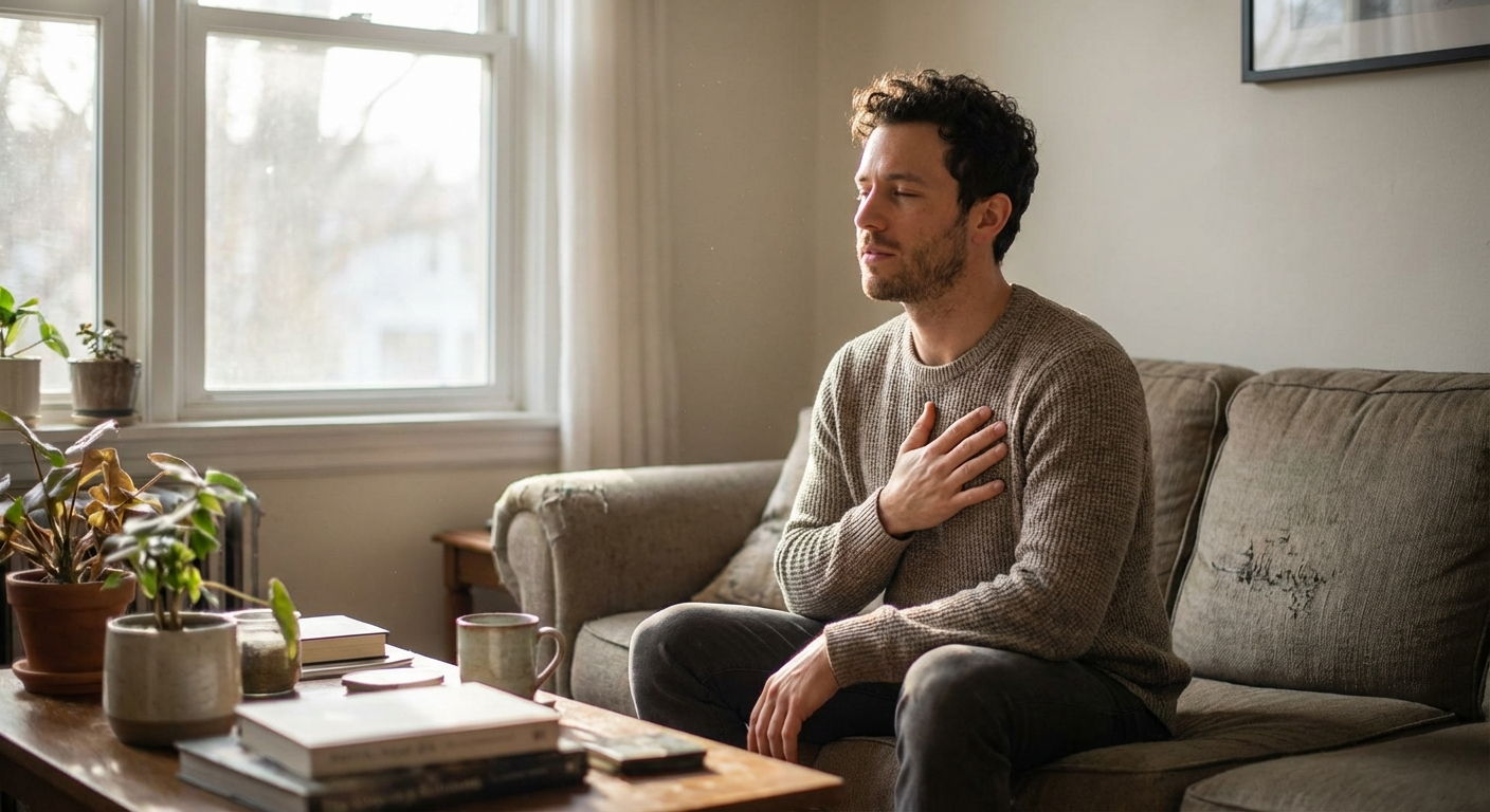 גבר ישראלי בשנות ה-30 יושב בסלון, יד על החזה ונושם לאט, אור בוקר רך