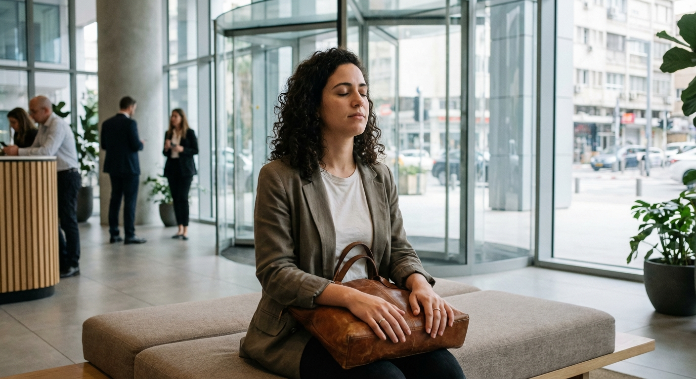 אישה ישראלית יושבת בלובי משרדי עם תיק על הברכיים, עוצמת עיניים ונושמת עמוק