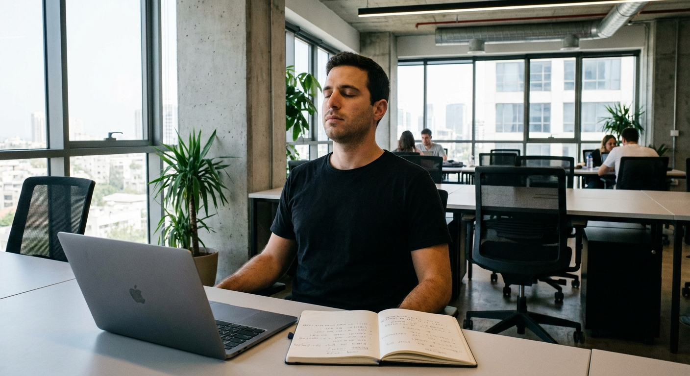 גבר ישראלי יושב מול מחשב במשרד, רושם נקודות במחברת ונושם עמוק לפני פגישה