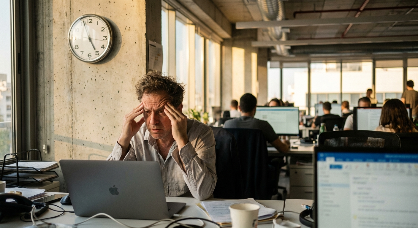 עובד ישראלי יושב מול מחשב עם שעון גדול ברקע, מבט מרוכז ומתוח