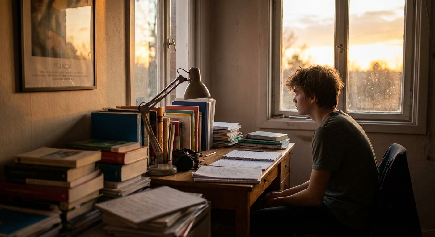 מתבגר יושב ליד שולחן לימודים מלא ספרים, מביט מהחלון בשקיעה, מבט מהורהר