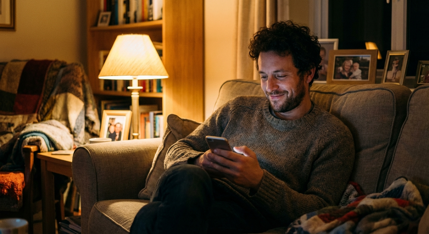 גבר ישראלי צעיר יושב על הספה בלילה עם סמארטפון, הבעת פנים רגועה ומקבלת