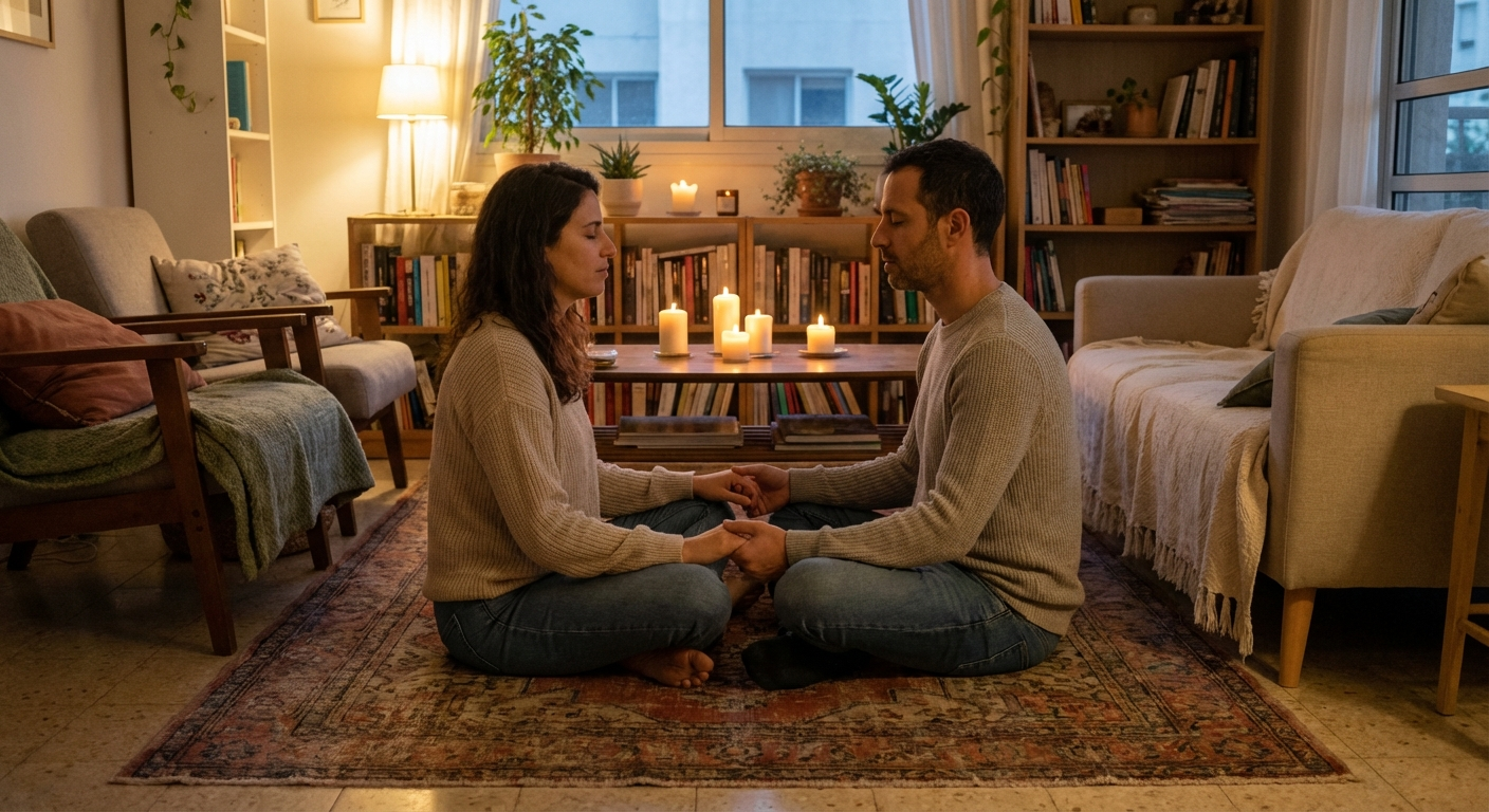 זוג ישראלי יושב מול מול על שטיח בסלון, עיניים עצומות, נרות רכים ברקע