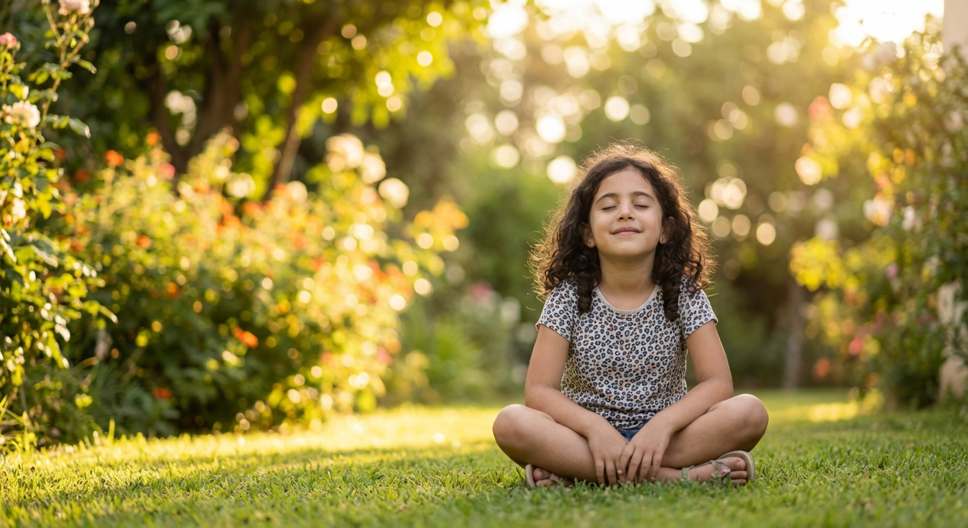 ילדה ישראלית יושבת על דשא בגינה בישיבת מדיטציה, עיניים עצומות, חיוך קל, אור טבעי