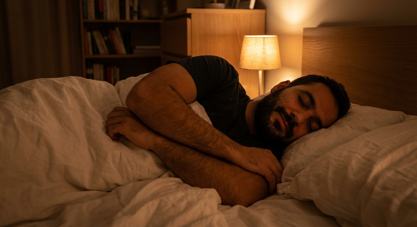 גבר ישראלי צעיר שוכב במיטה עם עיניים עצומות והבעה רגועה, תאורה חמה עמומה