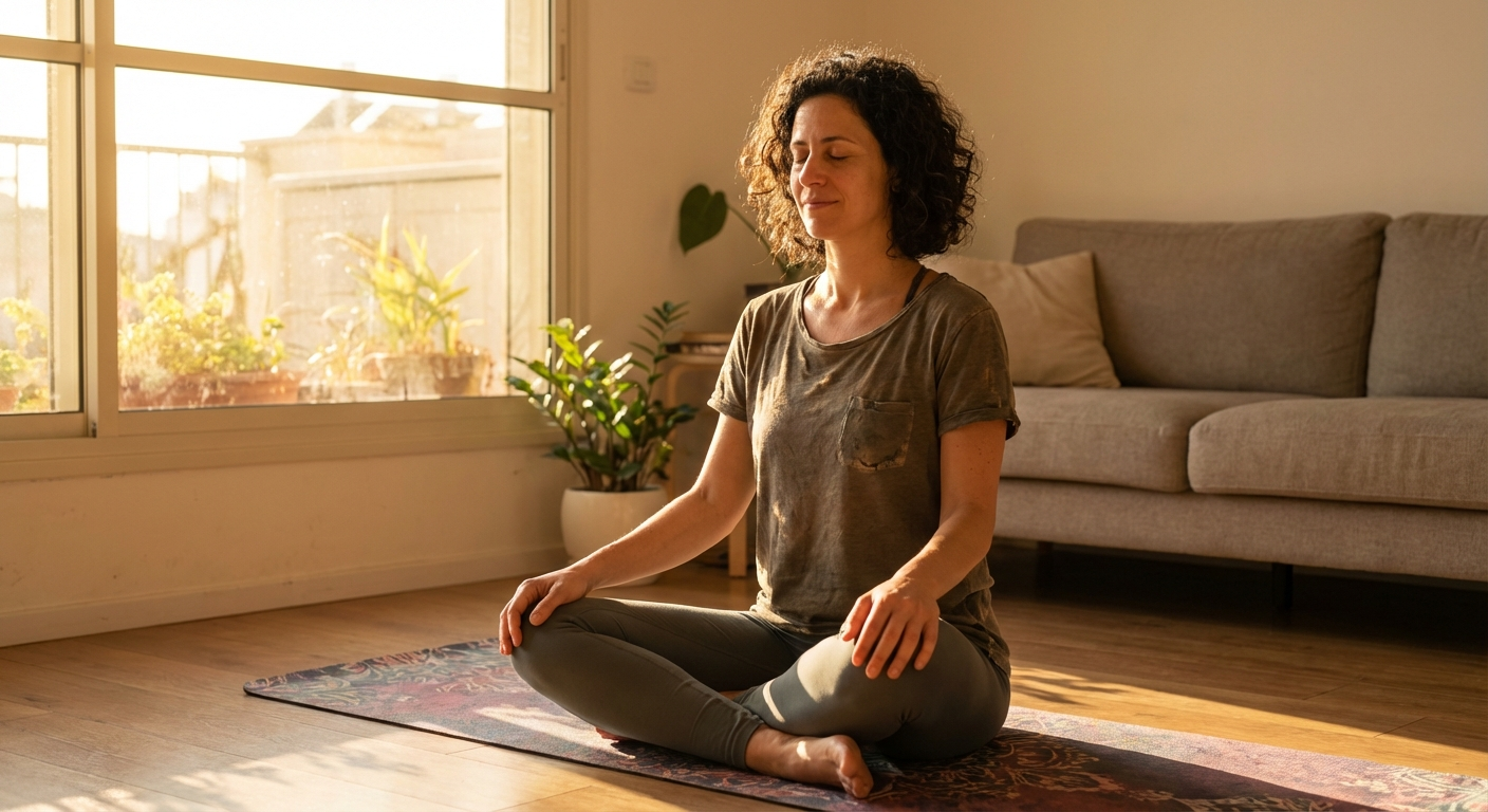 אישה ישראלית יושבת על שטיח יוגה בסלון, עיניים עצומות, ידיים על הברכיים, רגע של שחרור פנימי