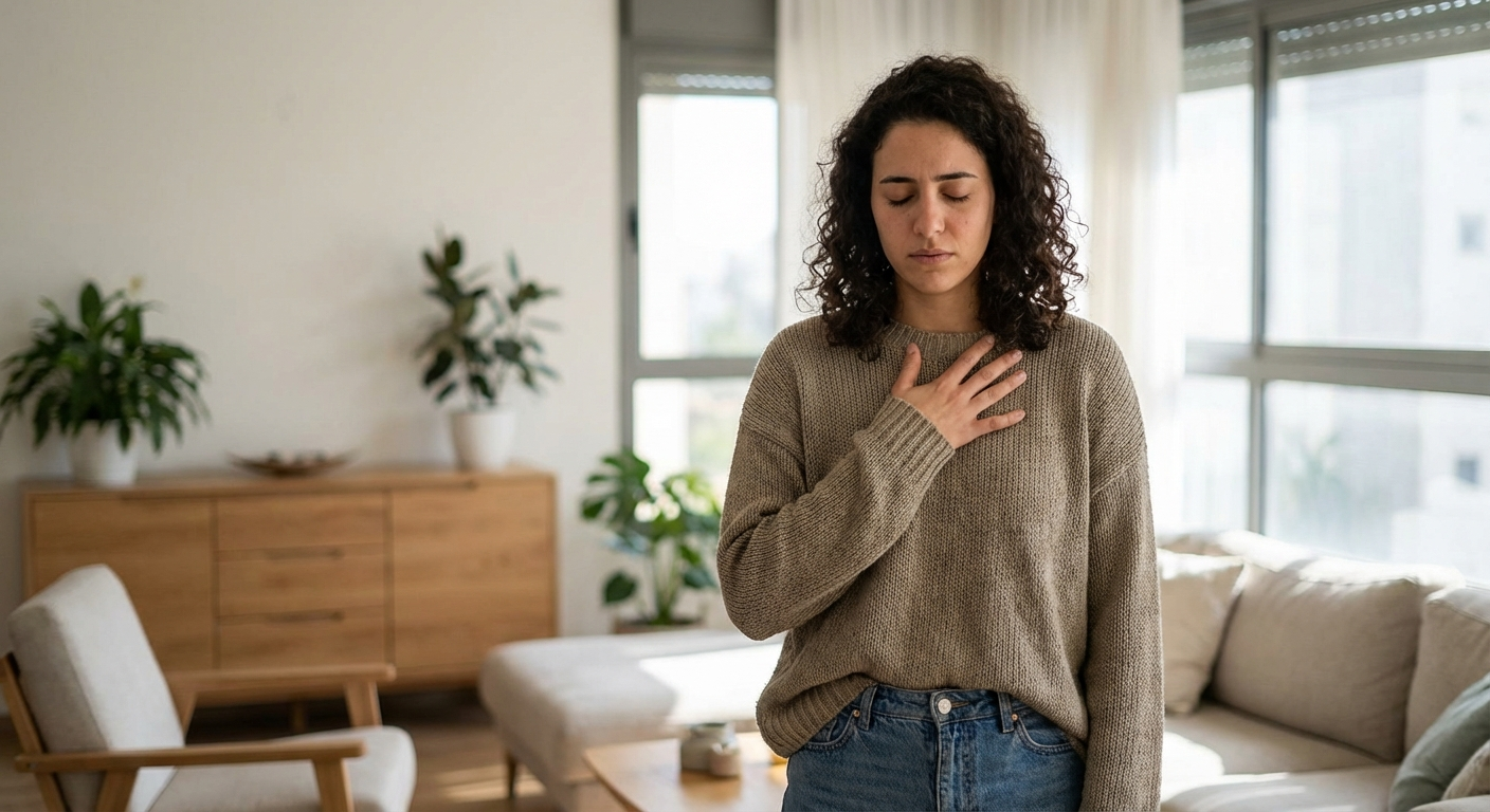 אישה ישראלית צעירה מניחה יד על החזה ברגע של תחושה חזקה, עיניים סגורות, סלון מואר