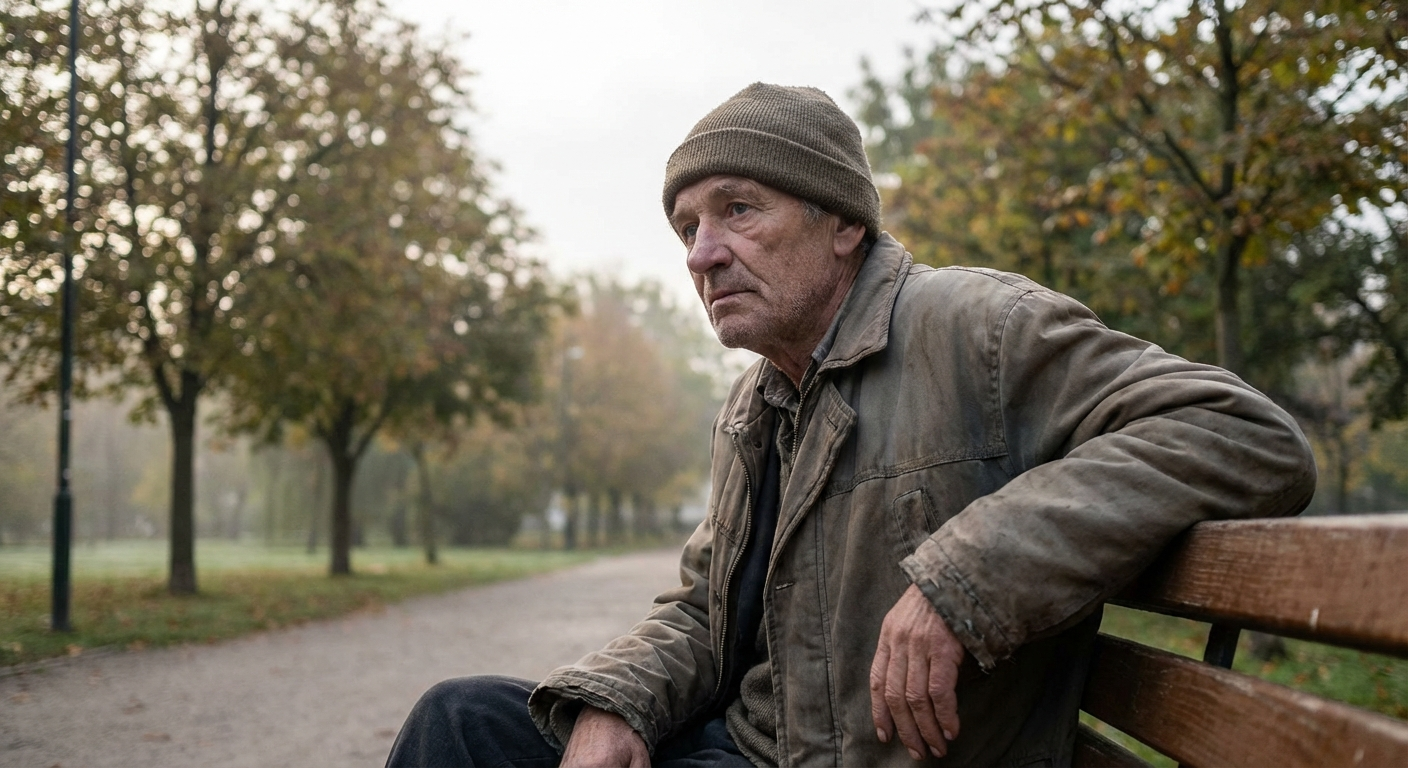 גבר יושב לבד על ספסל בפארק, מביט קדימה, שקוע במחשבה