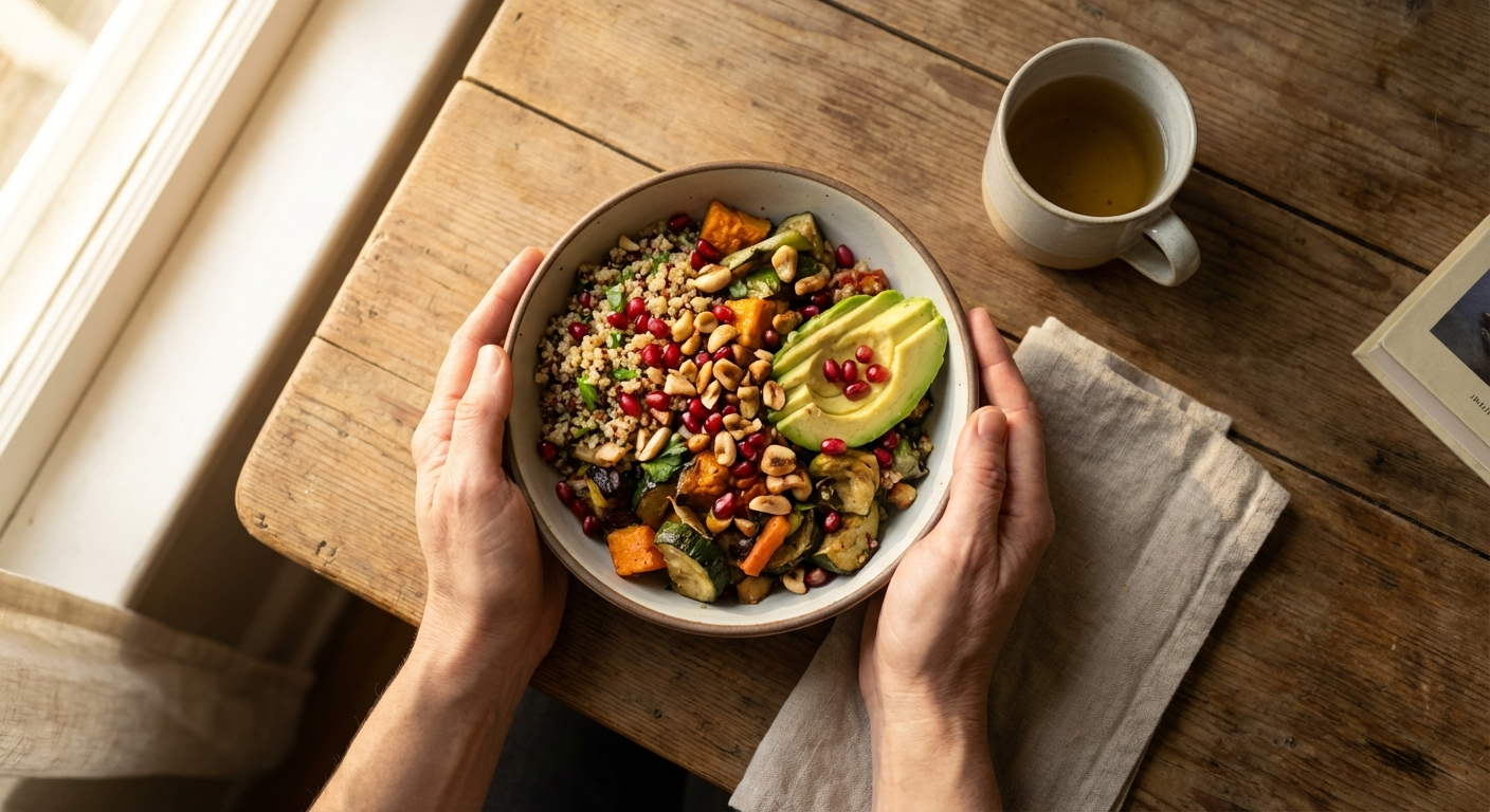 ידיים מחזיקות קערת אוכל צבעונית על שולחן עץ, תאורה טבעית חמה, פוקוס על הידיים והאוכל