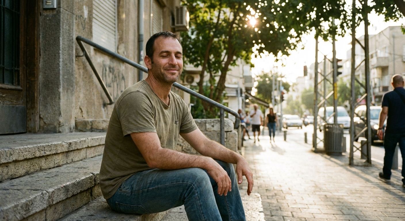 גבר ישראלי יושב בשקט על מדרגות בניין ישן בתל אביב, עיניים עצומות, רגע של שקט