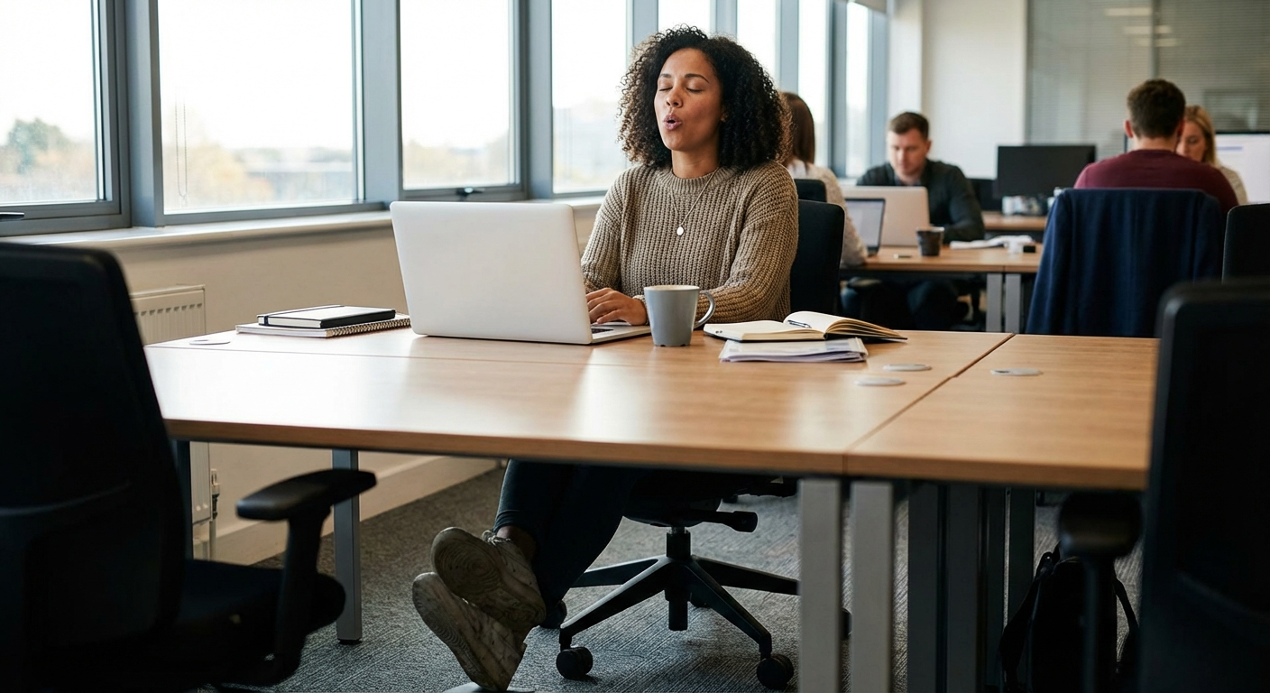 אישה ישראלית במשרד מול מחשב נייד, עוצרת לדקה ומניחה כפות רגליים יציב על הרצפה