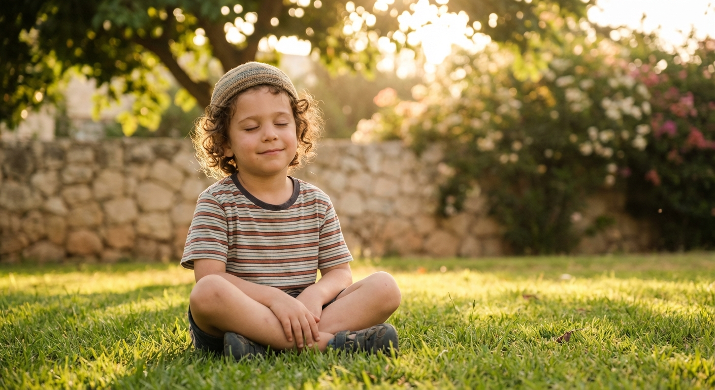 ילד ישראלי יושב על דשא בגינה עם עיניים עצומות ומחייך