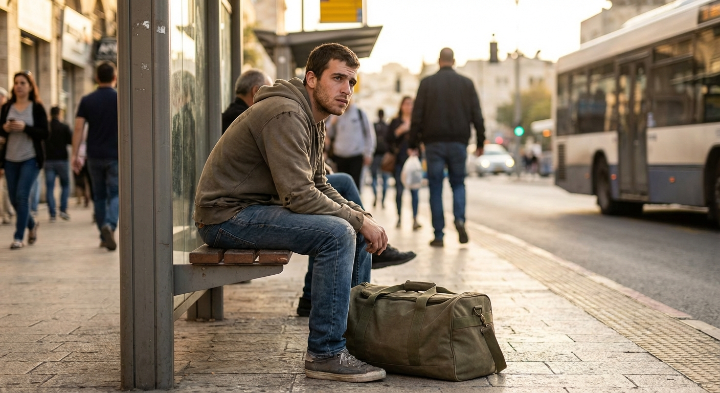 צעיר ישראלי יושב על ספסל בתחנת אוטובוס עם תיק גדול, מביט קדימה