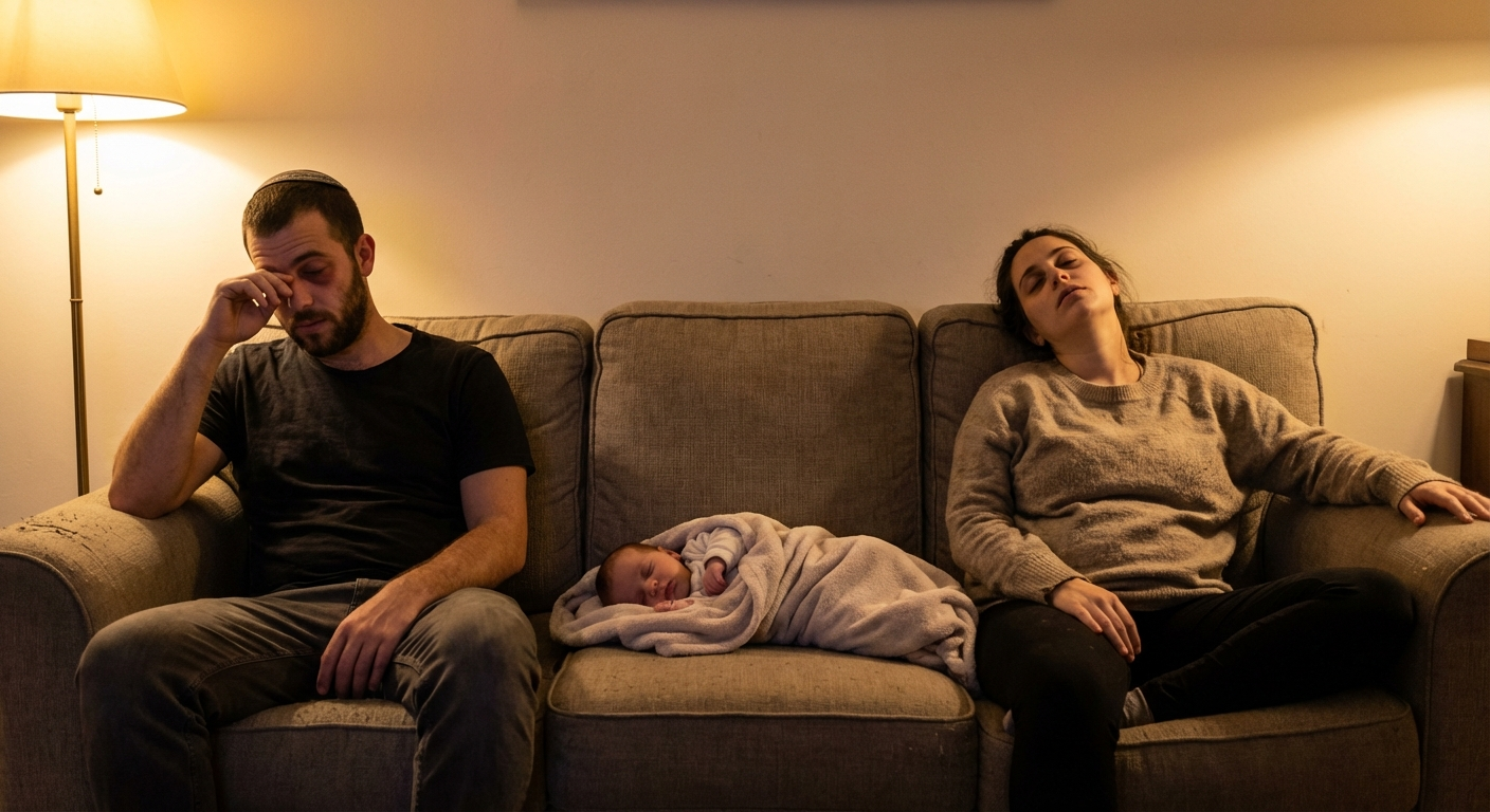 זוג ישראלי צעיר יושב על ספה, כל אחד בצד שלו, תינוק ישן ביניהם, תאורה ביתית חמה, עייפות על הפנים