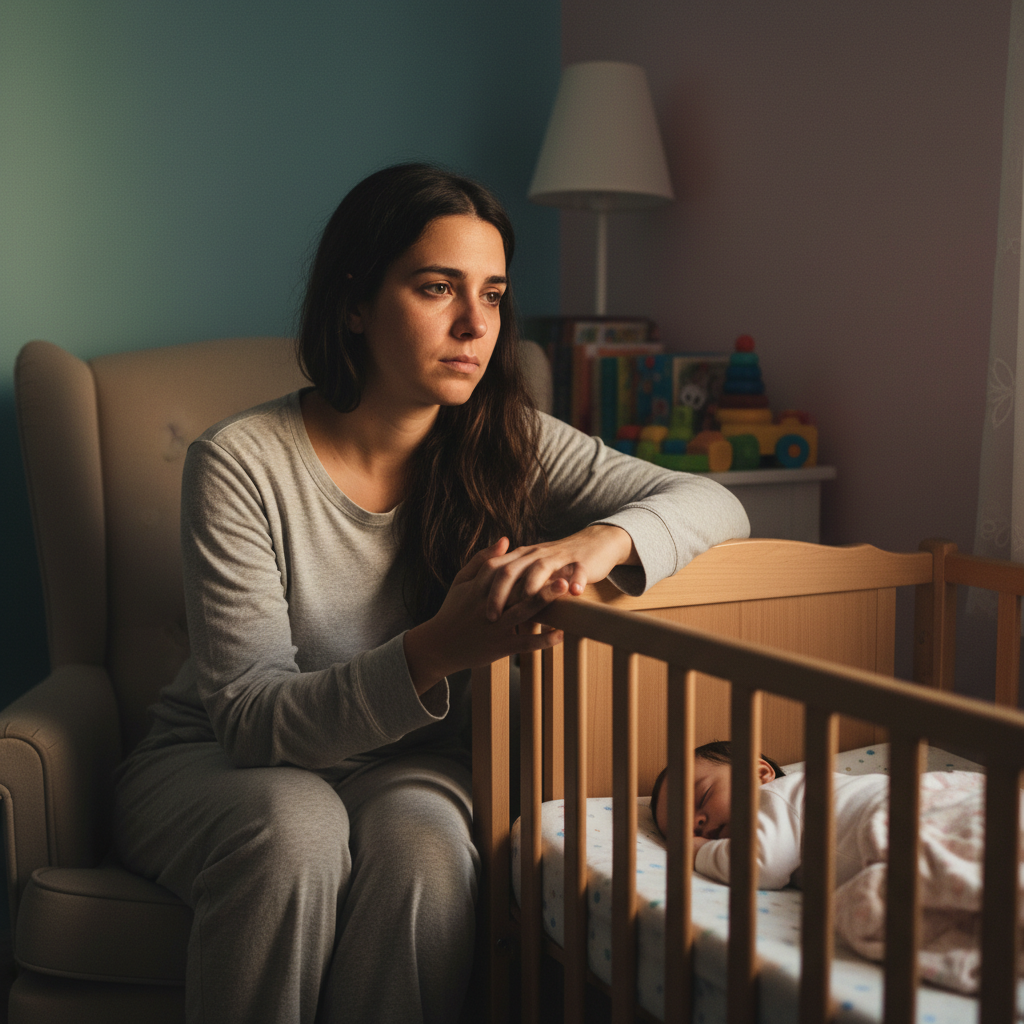אמא ישראלית צעירה ערה בלילה ליד עריסת תינוק, תאורה חמה עמומה, מבט עייף ומודאג