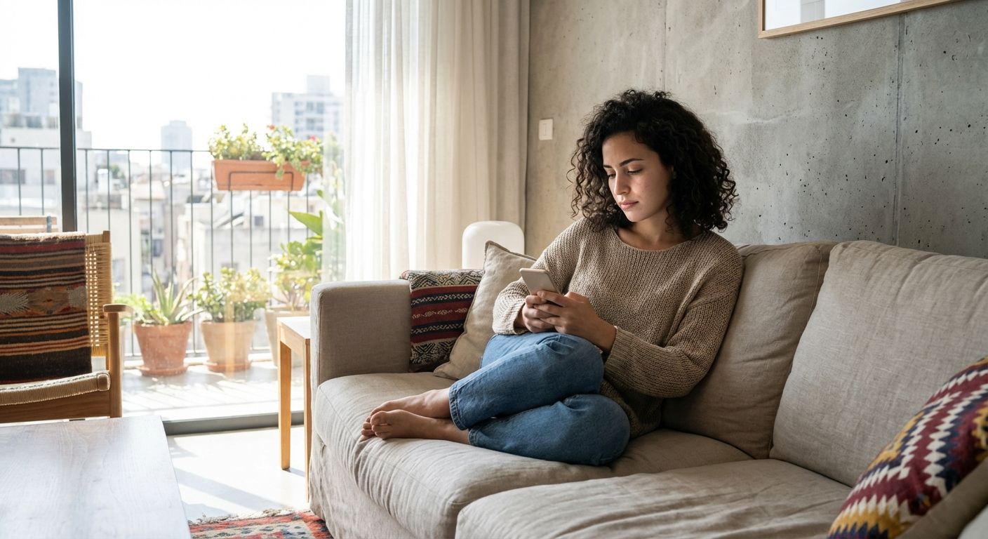 אישה ישראלית צעירה יושבת בסלון עם סמארטפון ביד, מביטה במסך בהבעת פנים מהורהרת