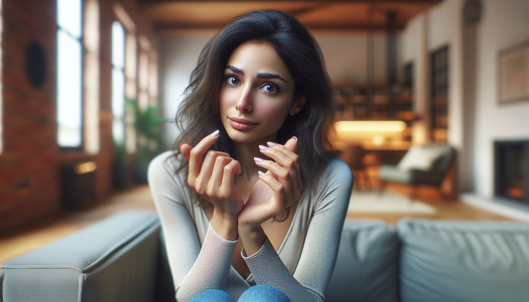 אישה ישראלית צעירה מביטה בידיה עם הבעה מודאגת קלה, ישובה בסלון מואר