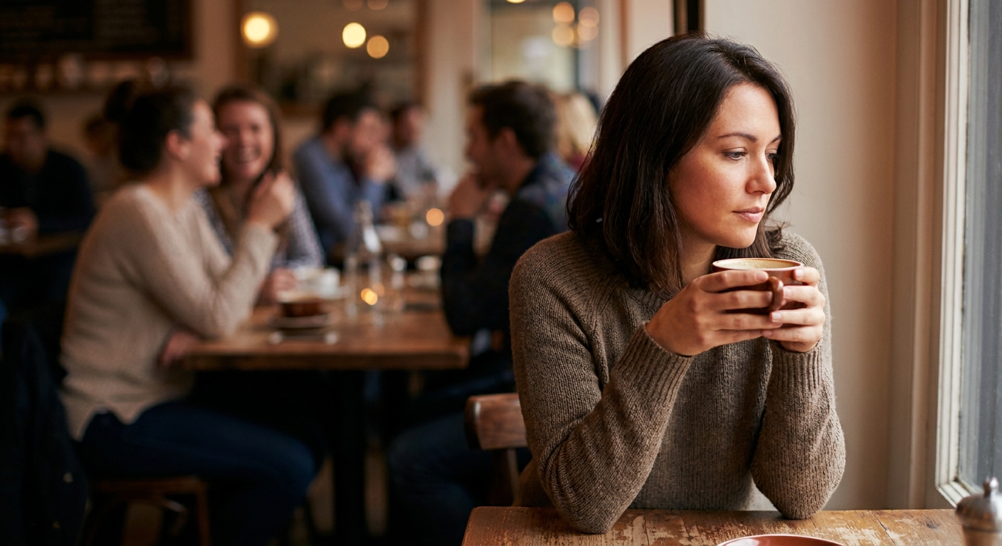 אישה יושבת בבית קפה ומביטה החוצה בהיסח דעת, רקע מטושטש של אנשים
