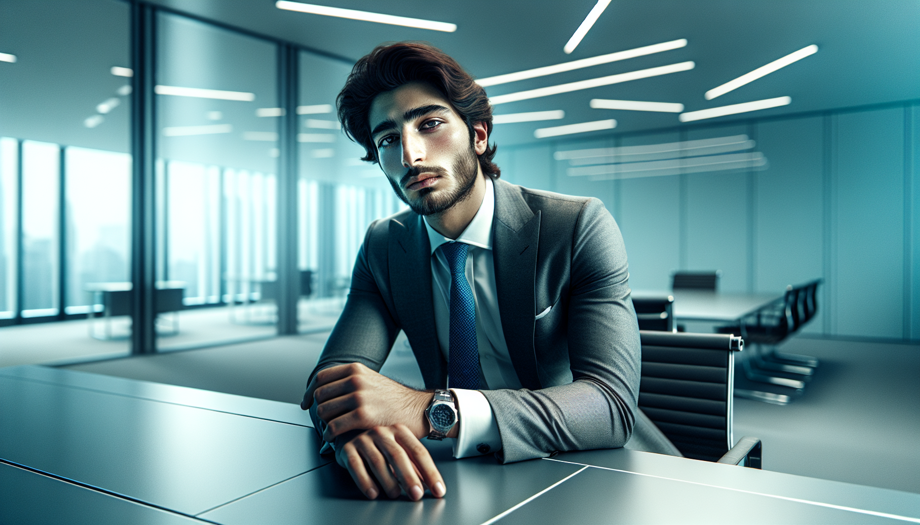 גבר ישראלי צעיר יושב ליד שולחן משרדי ריק, מביט בחלל בתחושת ניתוק, אור פלורסנט קר