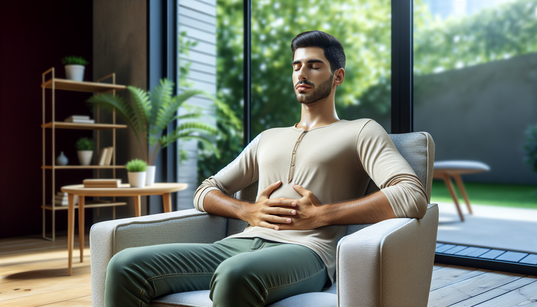 גבר ישראלי צעיר יושב בנוחות על כורסה, עיניים עצומות, ידיים על הבטן, נושם לאט בחדר מואר