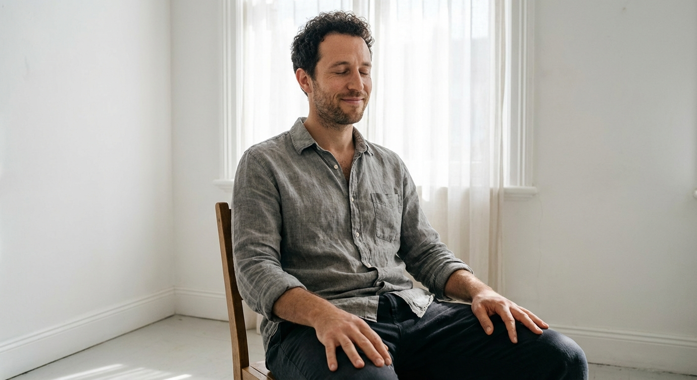 גבר ישראלי יושב על כיסא עם עיניים עצומות ונושם באיטיות, חדר מואר באור רך