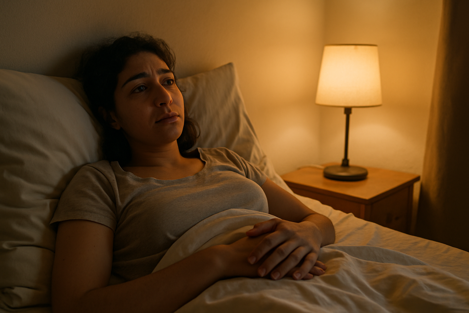 אישה ישראלית צעירה שוכבת במיטה בלילה עם אור חם רך, ידיים על הבטן, מנסה לנשום