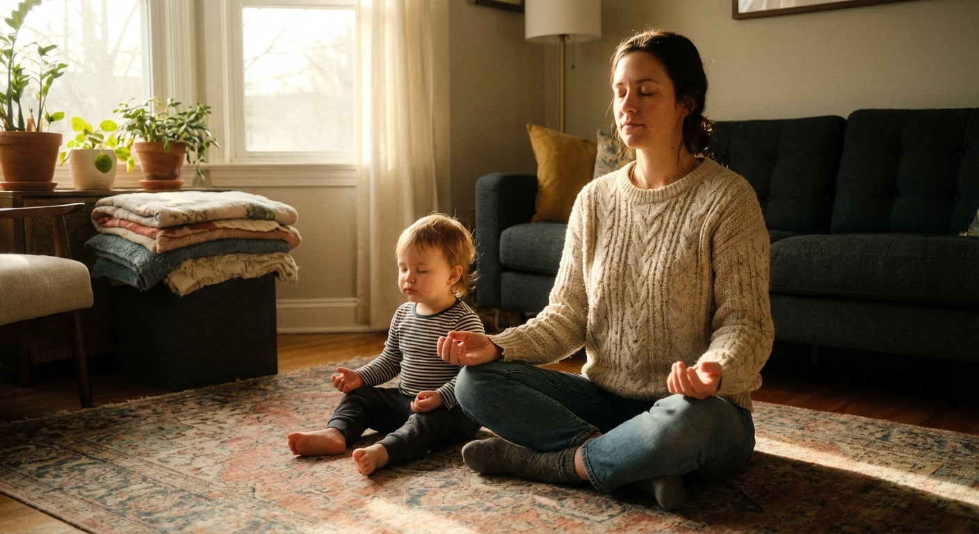 הורה וילד יושבים יחד על הרצפה, עוצמים עיניים ונושמים, אור טבעי חם