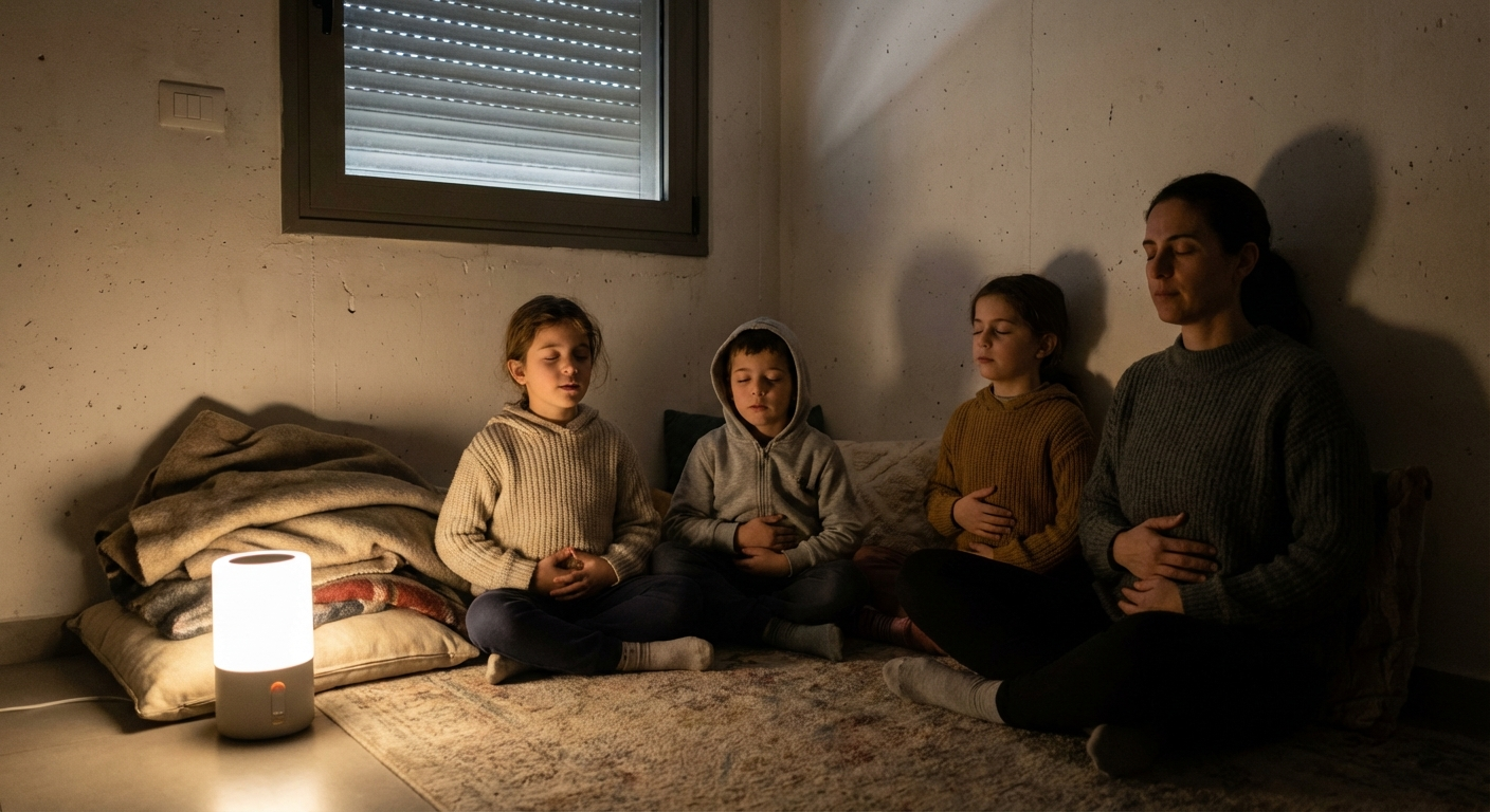 ילד וילדה ישראלים יושבים בחדר ממ״ד, מתרגלים נשימות יחד עם הורה, אור רך, תחושת ביטחון