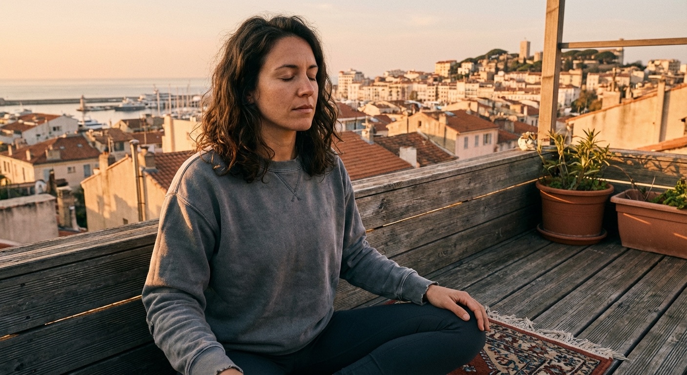 אישה ישראלית צעירה יושבת ברגליים משולבות על מרפסת בבוקר, נושמת עמוק עם עיניים עצומות