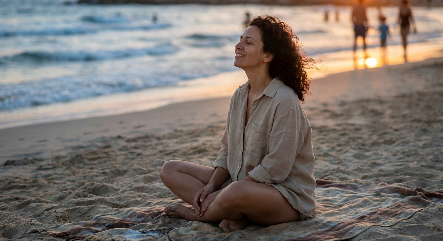 אישה ישראלית צעירה יושבת על חוף ים בשקיעה, עיניים עצומות, רוח קלה בשיער
