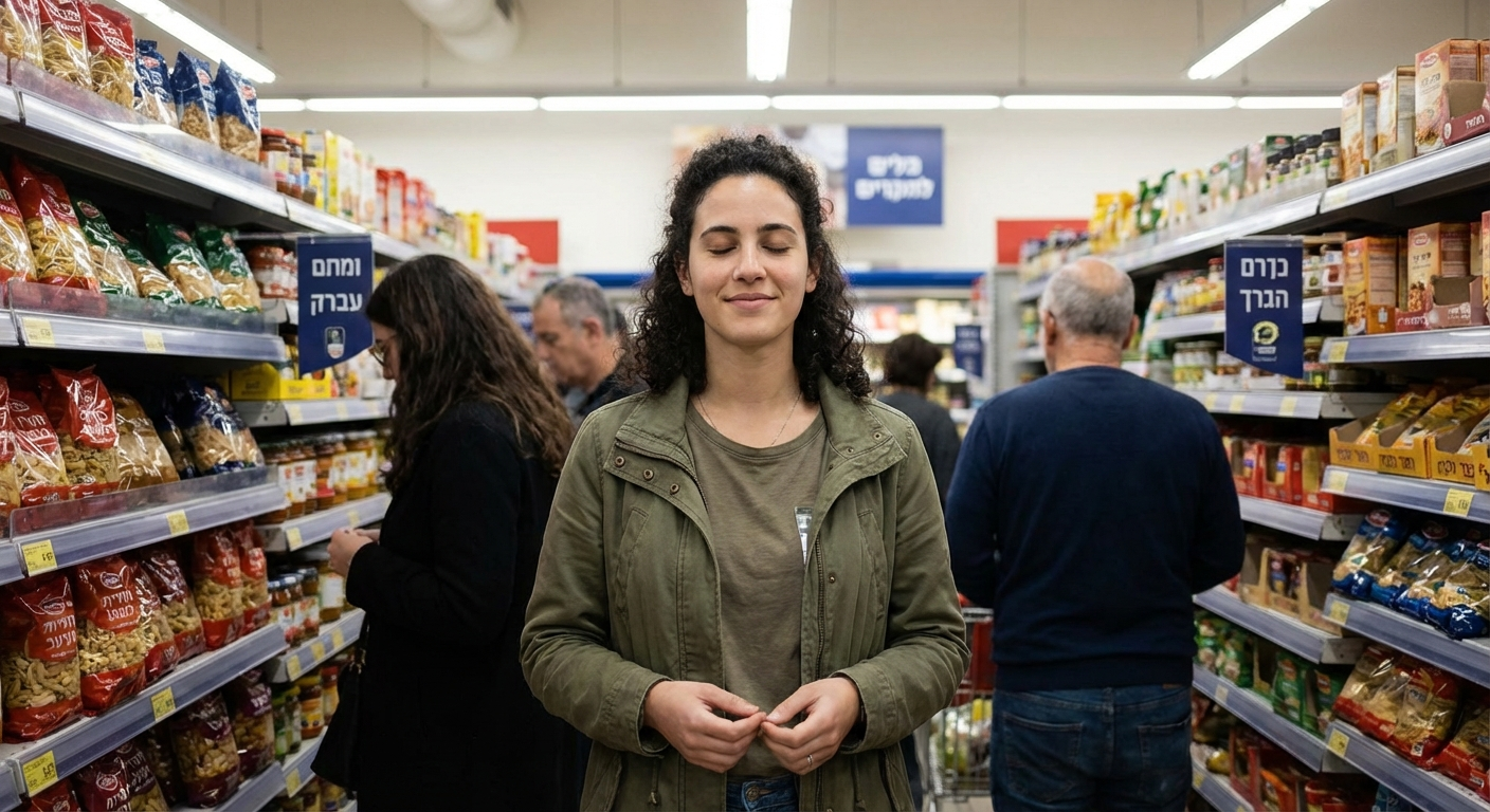 אישה ישראלית צעירה עומדת ליד מדף בסופר, עוצמת עיניים לרגע ומייצבת נשימה