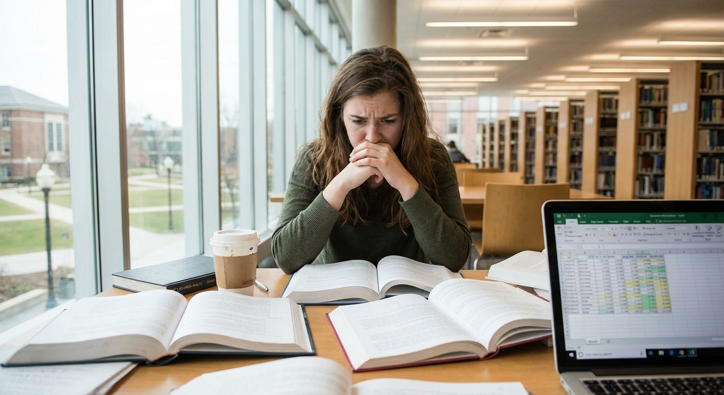 סטודנט צעיר יושב בספרייה עם ספרים פתוחים, מביט קדימה בדאגה