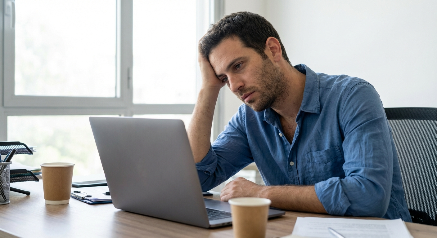 גבר ישראלי צעיר יושב במשרד מודרני, מניח יד על הפנים, נראה מותש מול מחשב נייד