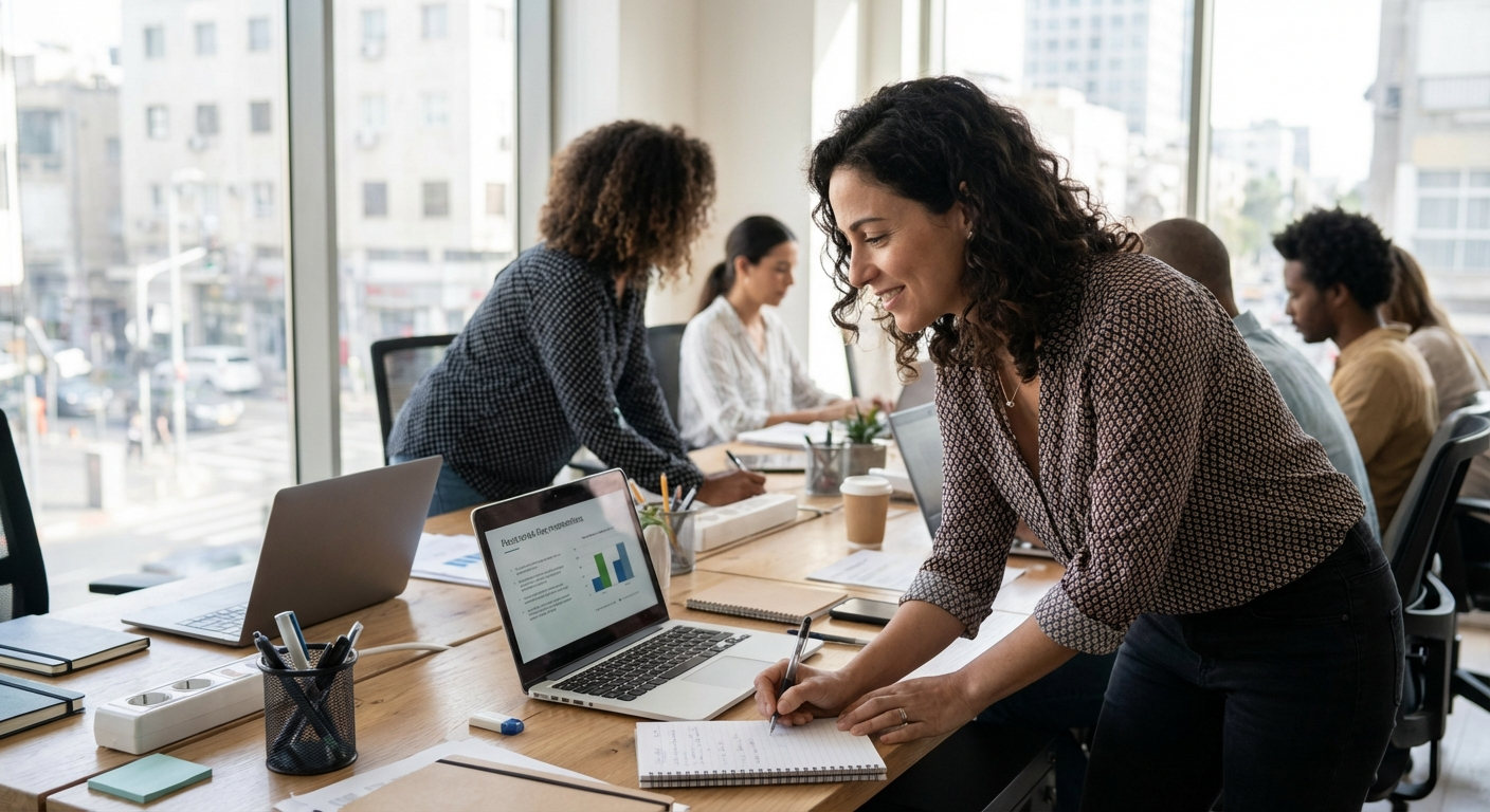 אישה מכינה מצגת עם מחברת ומחשב, רגע לפני ההצגה