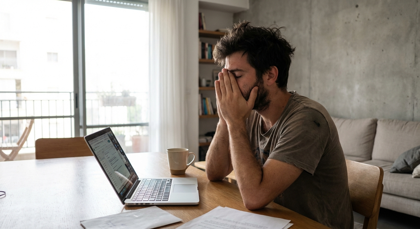 גבר ישראלי צעיר יושב ליד שולחן בסלון עם לפטופ פתוח, מניח ראש על ידיים, מבט עייף ומתוסכל, תאורת בוקר טבעית