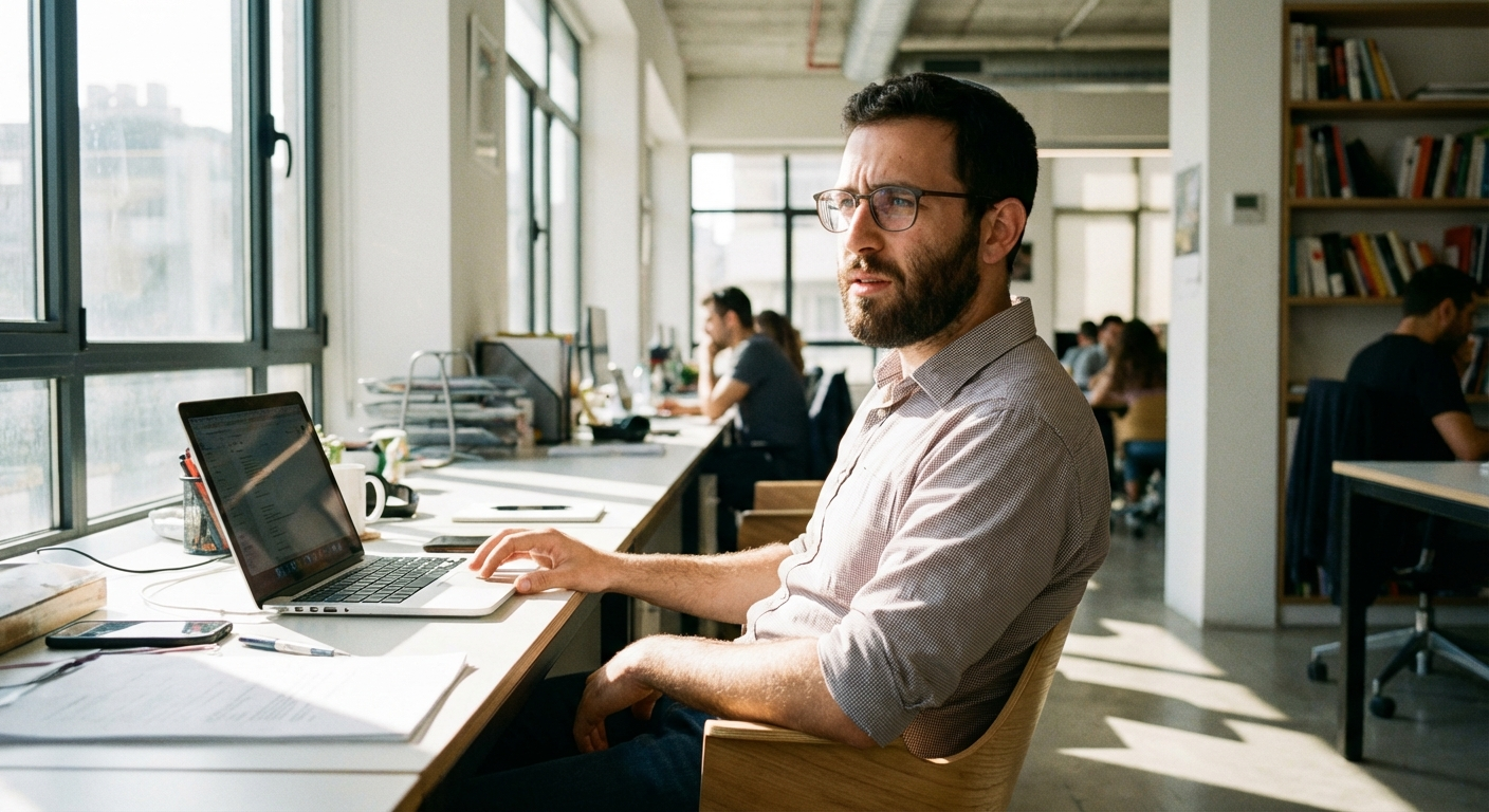 גבר ישראלי צעיר יושב במשרד מול מחשב, מביט הצידה בחוסר ביטחון, אור טבעי מהחלון