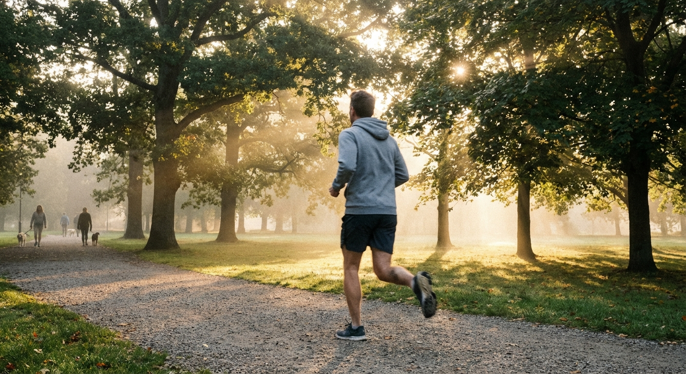 אדם רץ בפארק ירוק בבוקר מוקדם, תאורת שחר טבעית