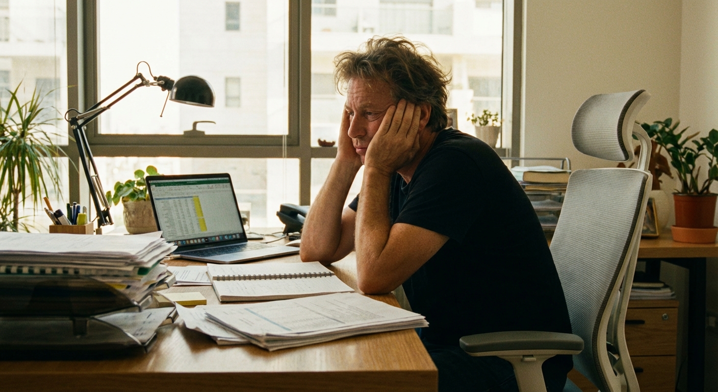 אדם יושב ליד שולחן עבודה עם מסכים ומסמכים, מניח את הראש על הידיים, תאורה טבעית חמה ממשרד