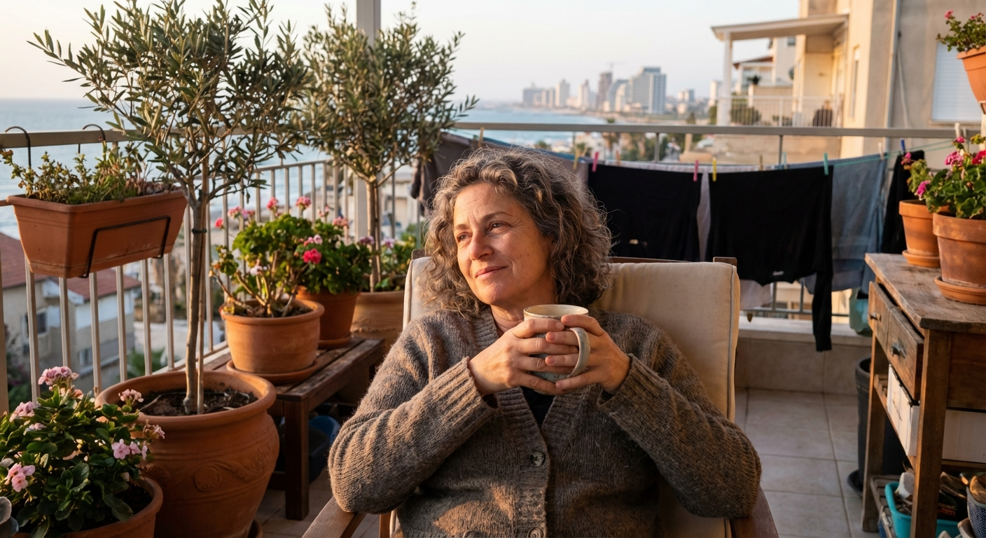 אישה ישראלית יושבת לבד על מרפסת בשקיעה, מבט עייף אך חם, כוס תה ביד