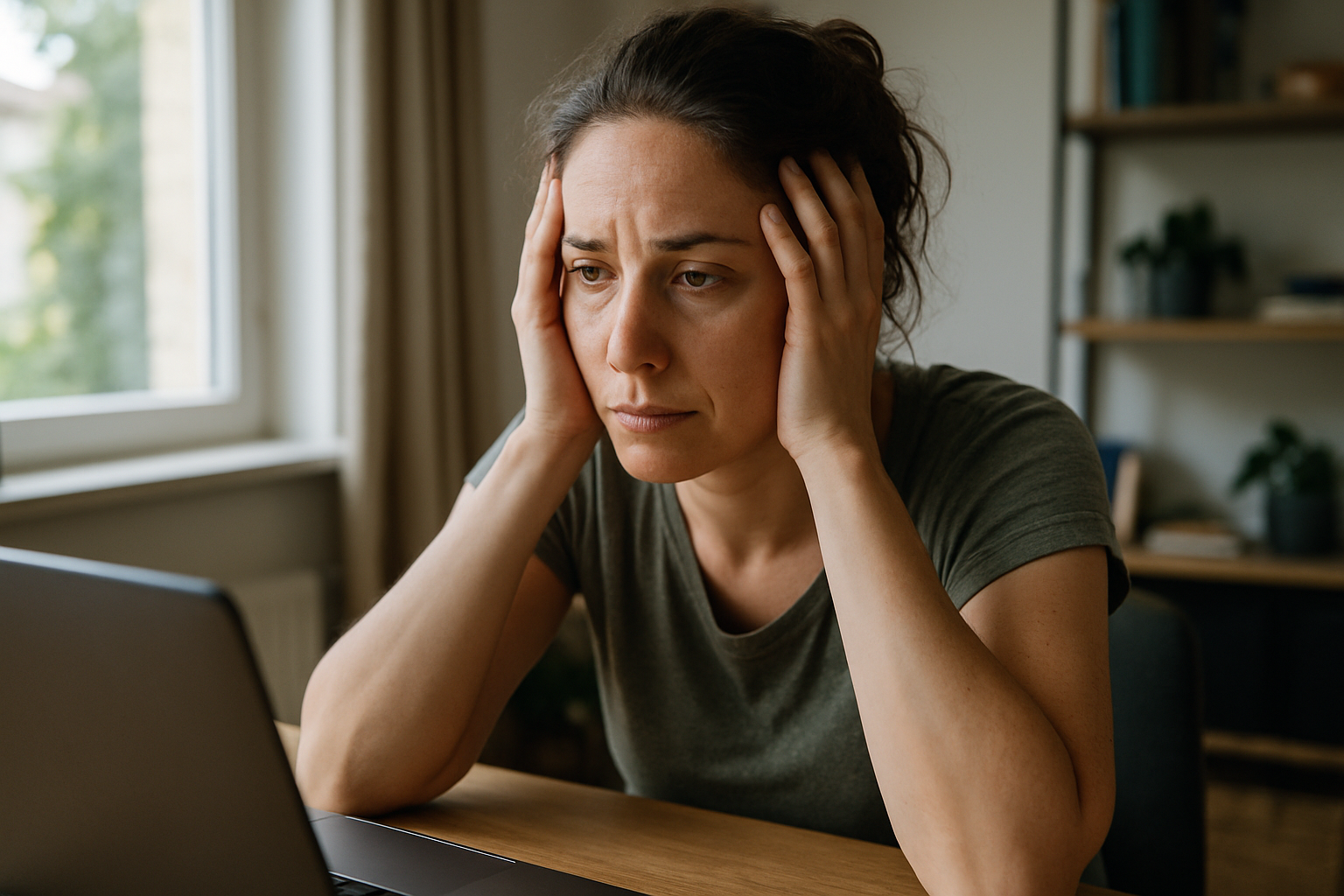אישה ישראלית צעירה יושבת ליד שולחן עבודה ומחזיקה את הראש בידיים, מבט מעורפל, אור יום טבעי