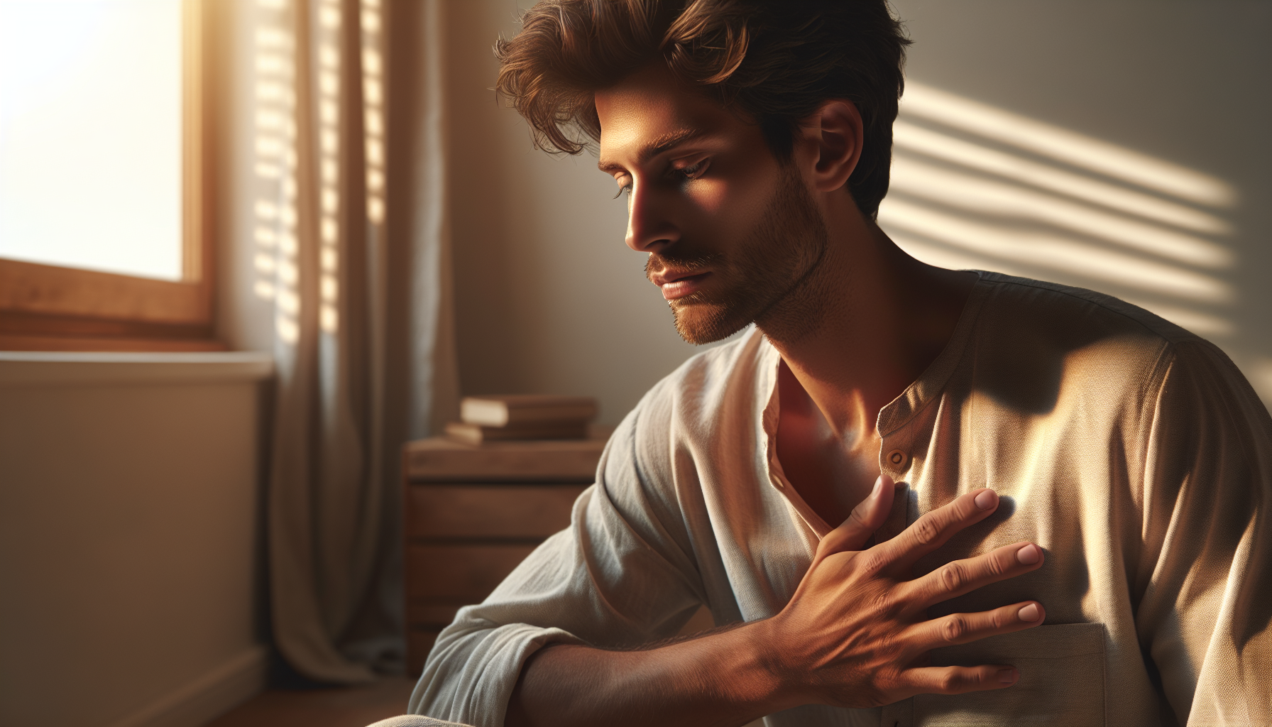 גבר ישראלי צעיר יושב ליד חלון עם אור בוקר רך, ידיים על הלב, מבט פנימי