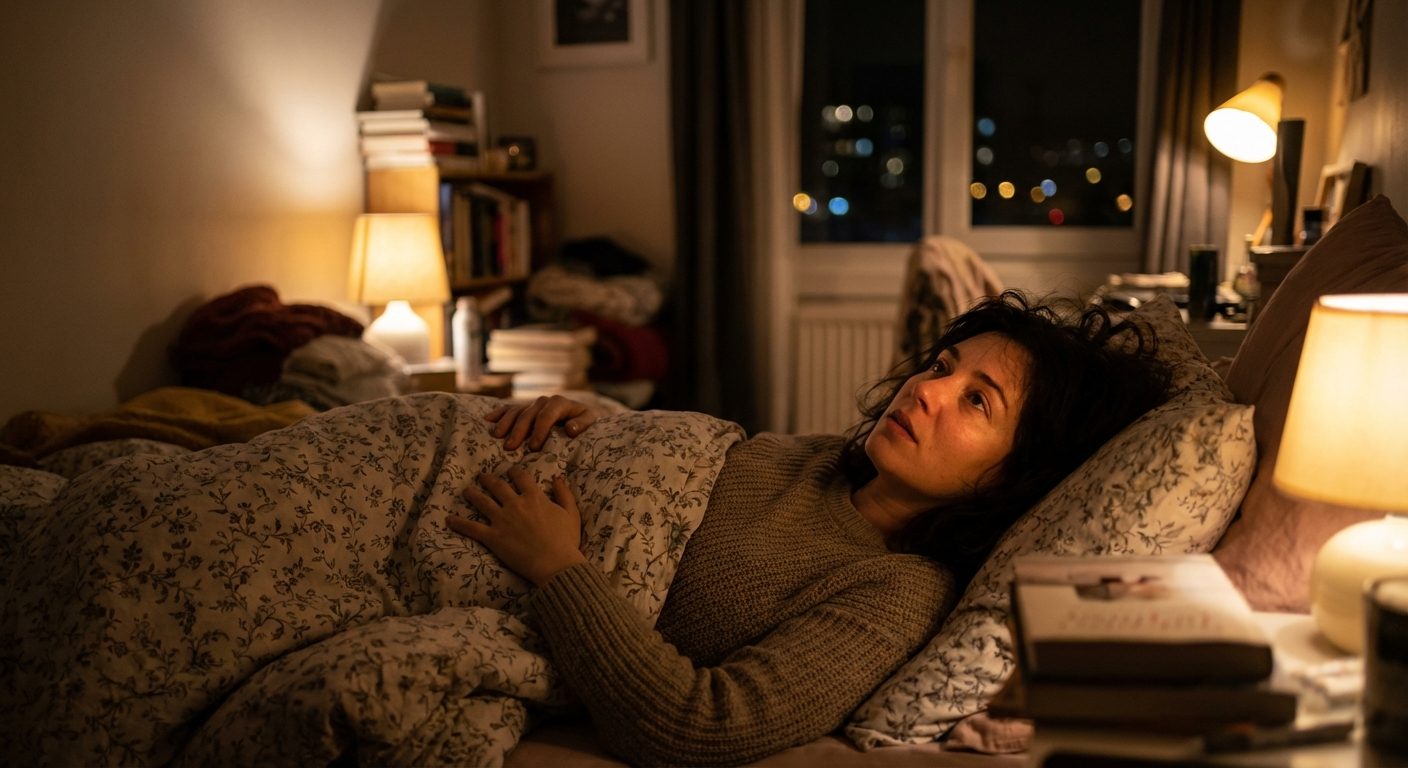 אישה ישראלית שוכבת במיטה בחדר חשוך למחצה, עיניים פתוחות ויד על הבטן בתרגיל נשימה מרגיע