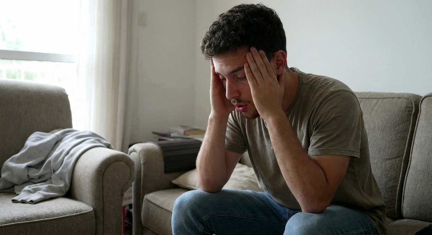 גבר ישראלי בשנות ה-20 יושב על ספה בסלון, ידיים על הראש, מביט קדימה בחרדה שמתחילה להירגע