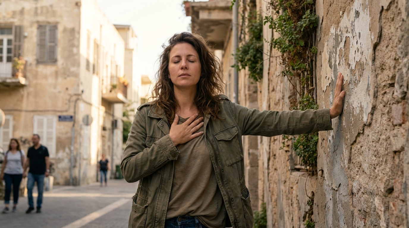 אישה צעירה עומדת ונשענת רגע על קיר ברחוב שקט, יד על החזה, נושמת עמוק