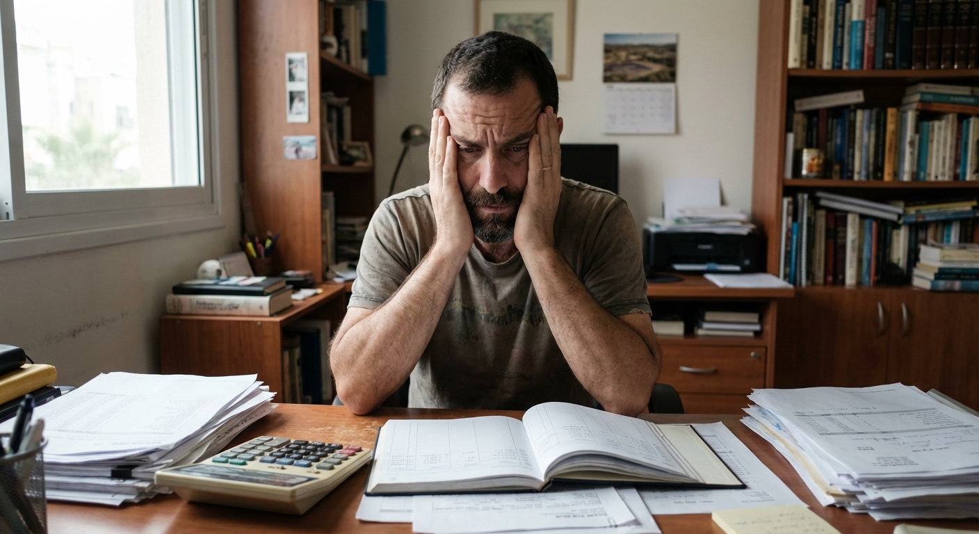 גבר ישראלי יושב מול מסמכים ומחשבון עם הבעת לחץ וחוסר החלטיות